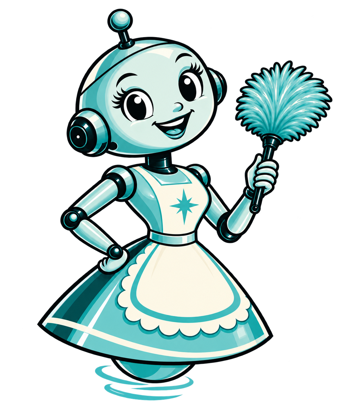 Silica’s friendly cleaning robot holding a feather duster
